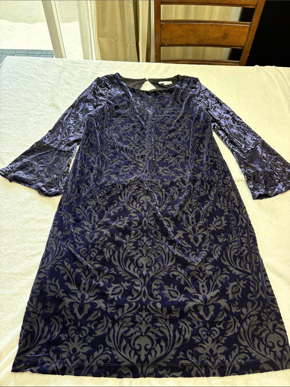 New York & Company Navy Velvet Burnout Long Sleeve Sheath Dress